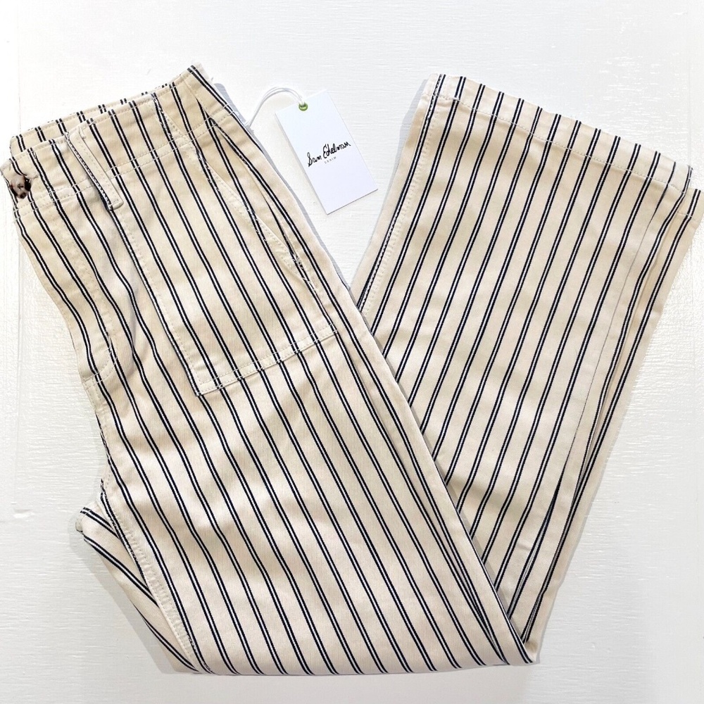 New Sam Edelman Striped Wide Leg Cropped Pants Chelsea Cream Indigo Size 27 / 4 - Picture 13 of 16